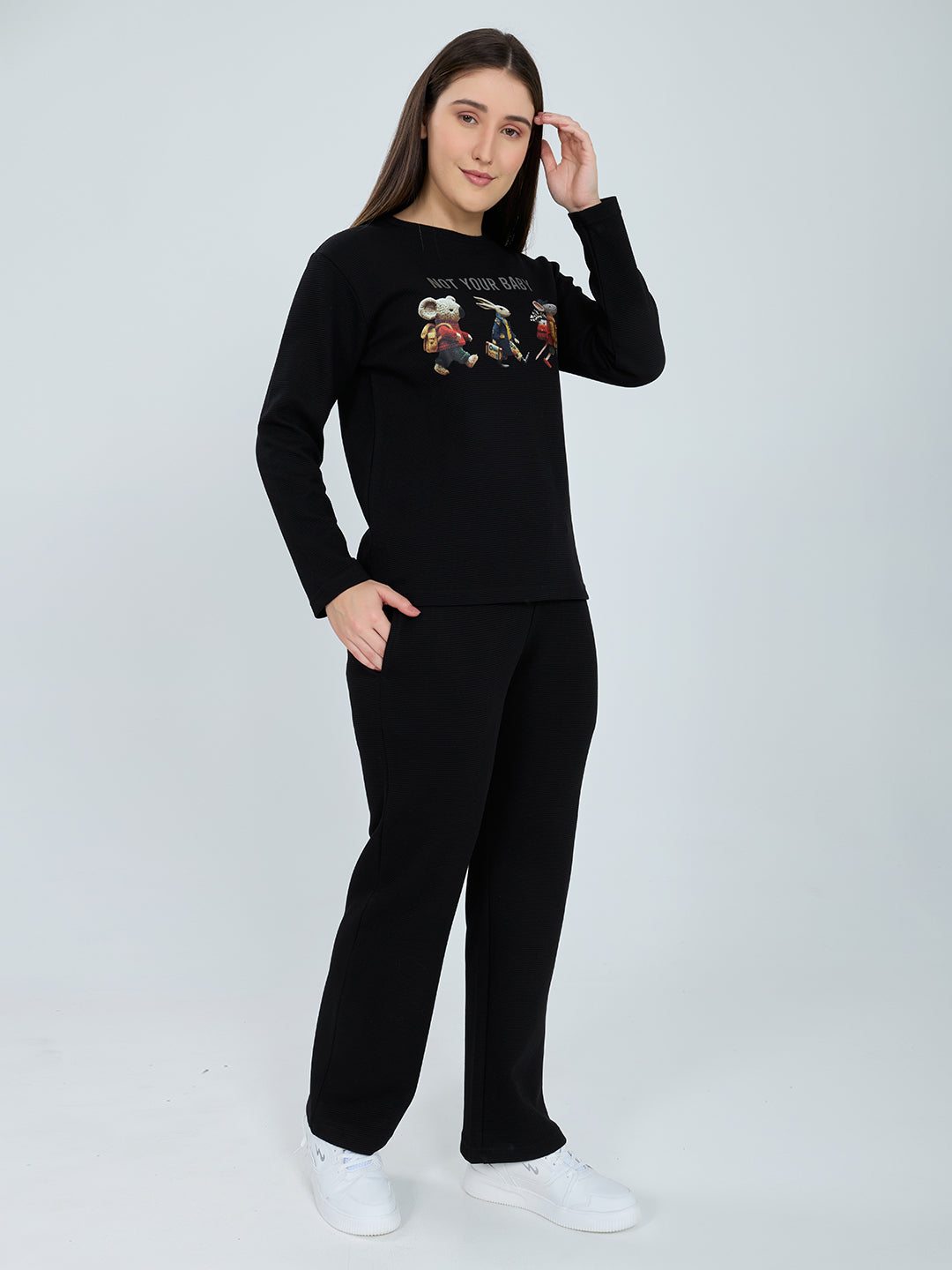 Women Black Printed Round Neck Full Sleeve Cords Set