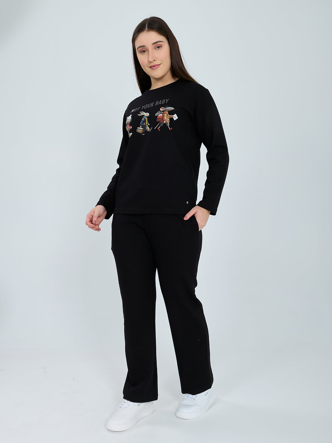 Women Black Printed Round Neck Full Sleeve Cords Set