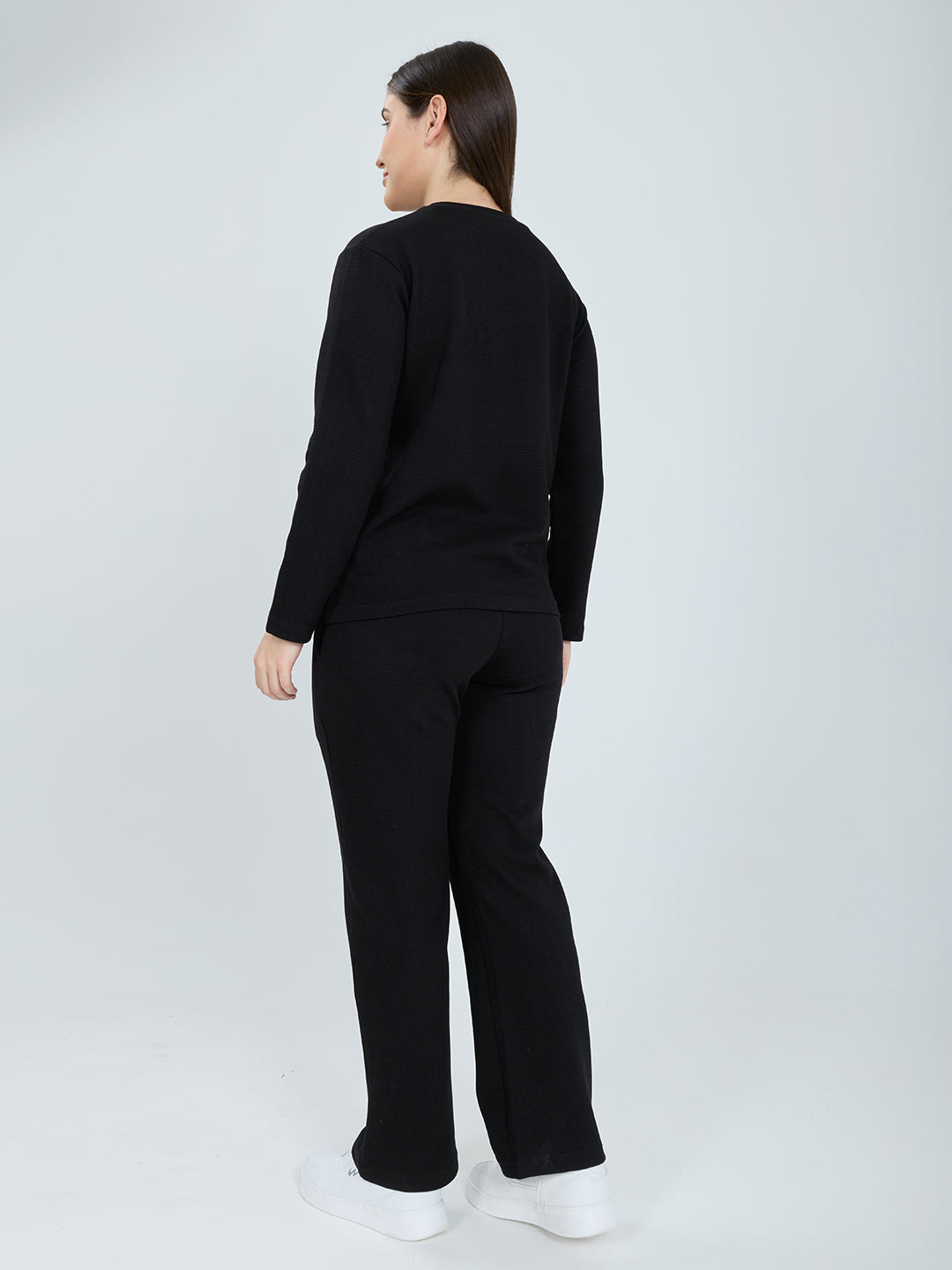 Women Black Printed Round Neck Full Sleeve Cords Set