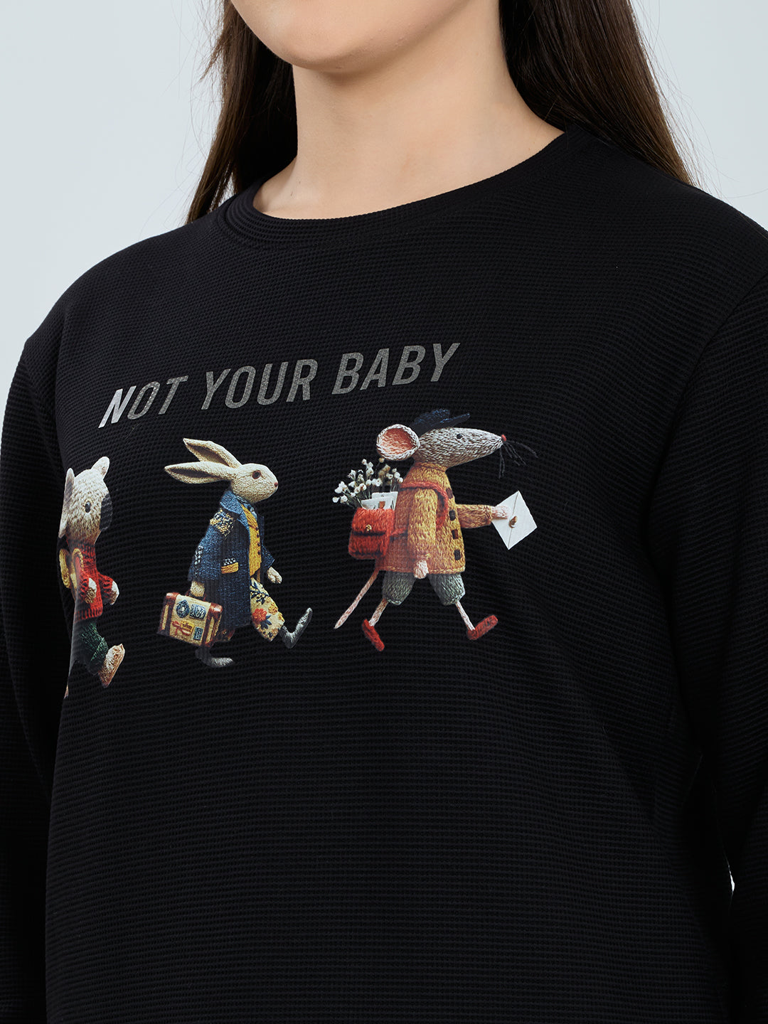 Women Black Printed Round Neck Full Sleeve Cords Set