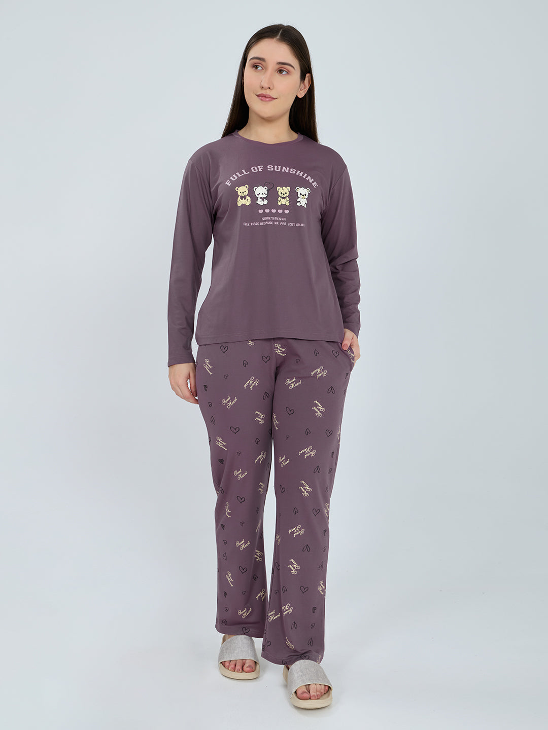 Women Purple Printed Round Neck Full Sleeve Lower Set