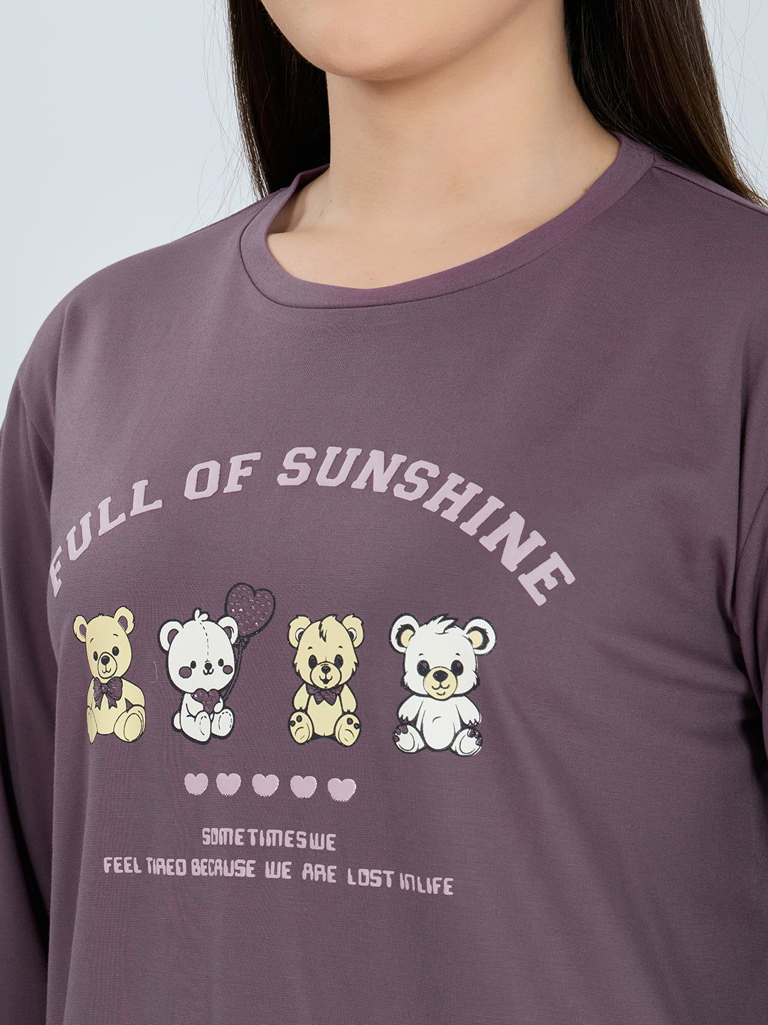 Women Purple Printed Round Neck Full Sleeve Lower Set