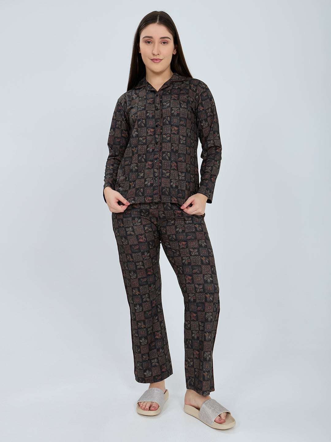Women Black Printed Fashion Neck Full Sleeve Lower Set