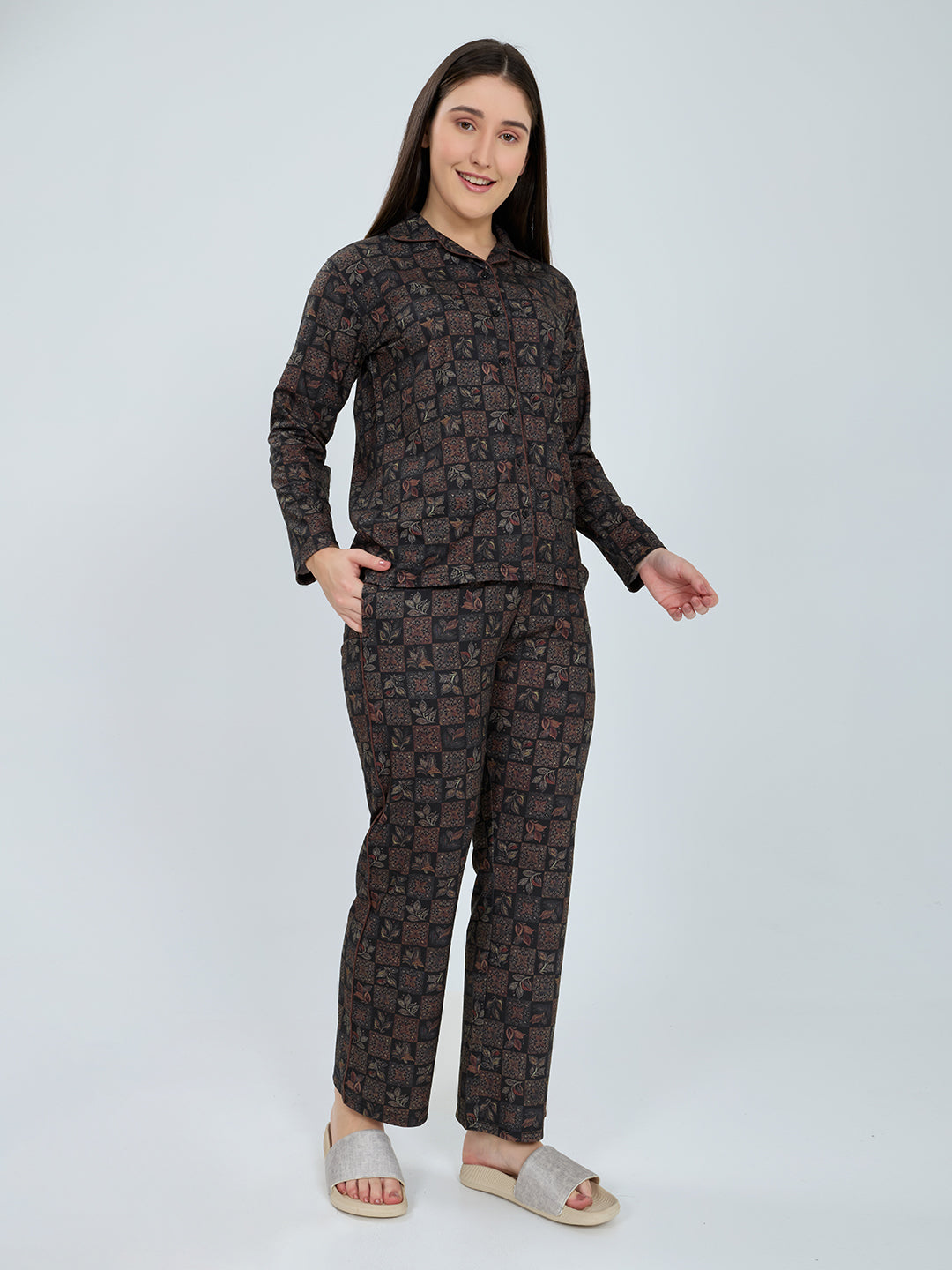 Women Black Printed Fashion Neck Full Sleeve Lower Set