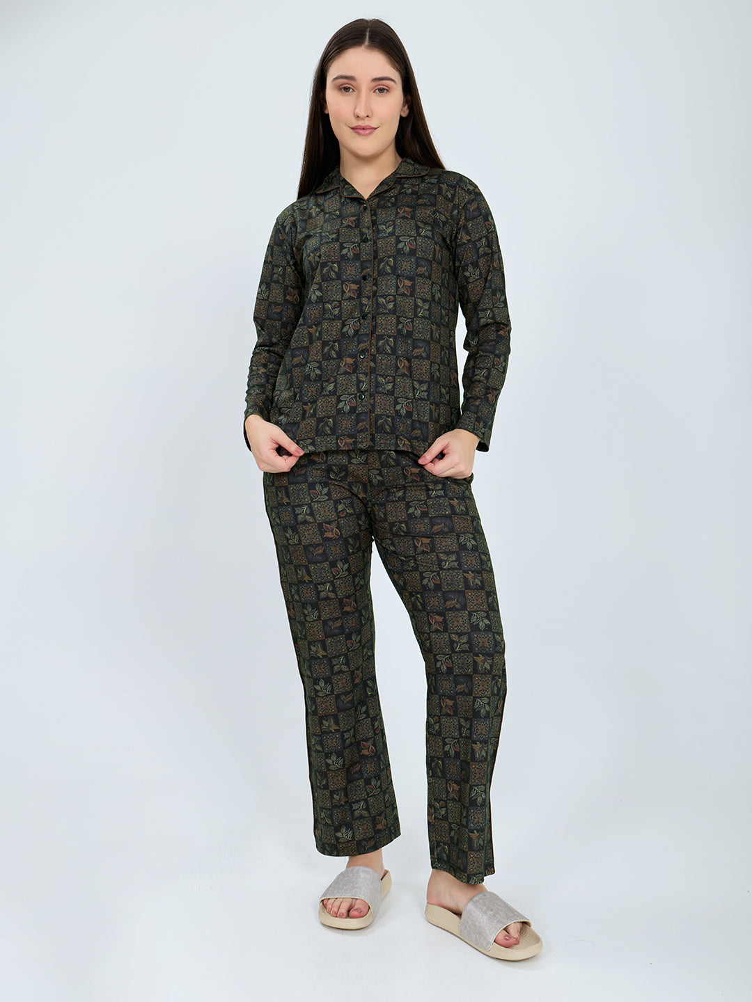 Women Green Printed Fashion Neck Full Sleeve Lower Set