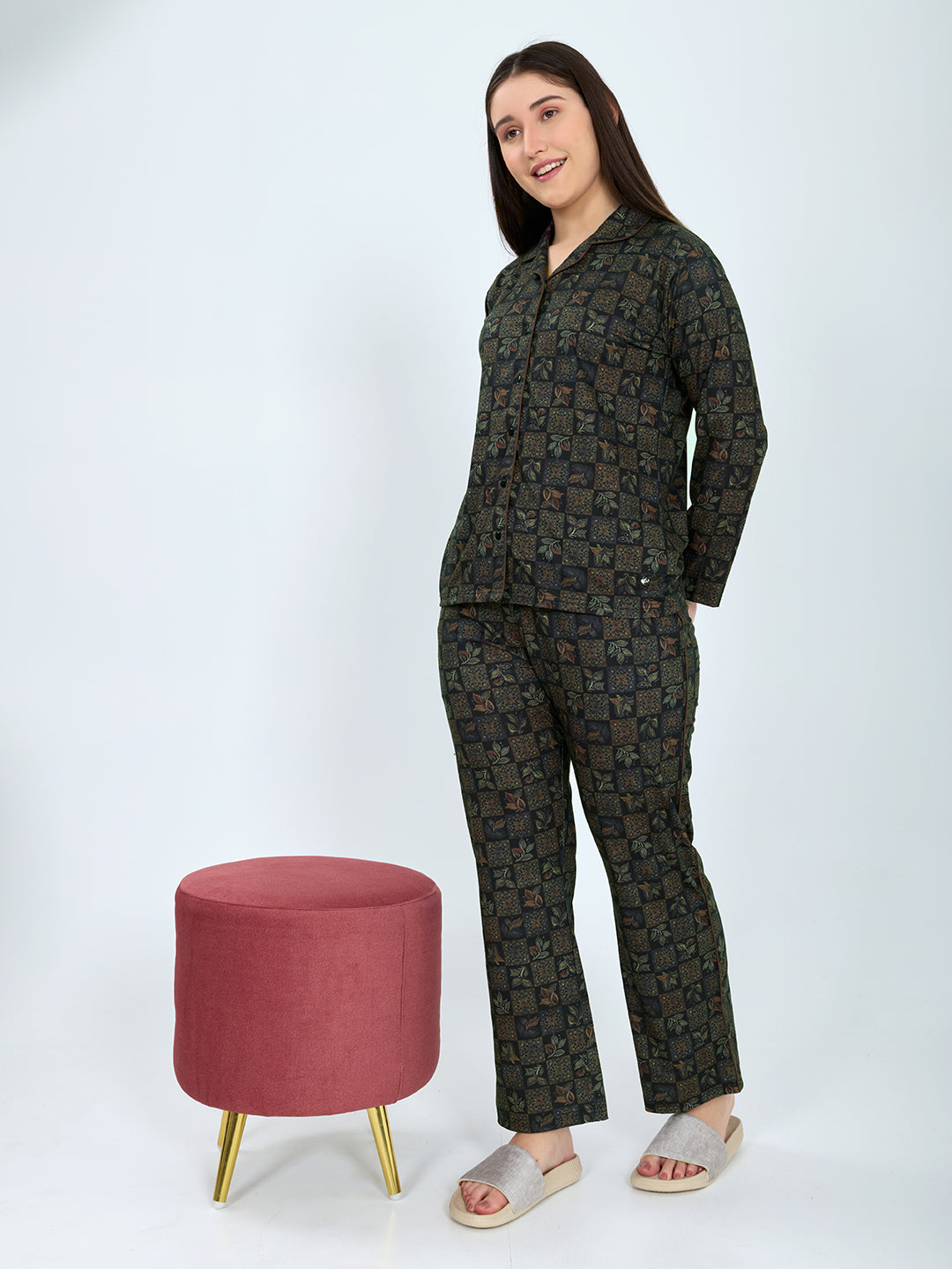 Women Green Printed Fashion Neck Full Sleeve Lower Set