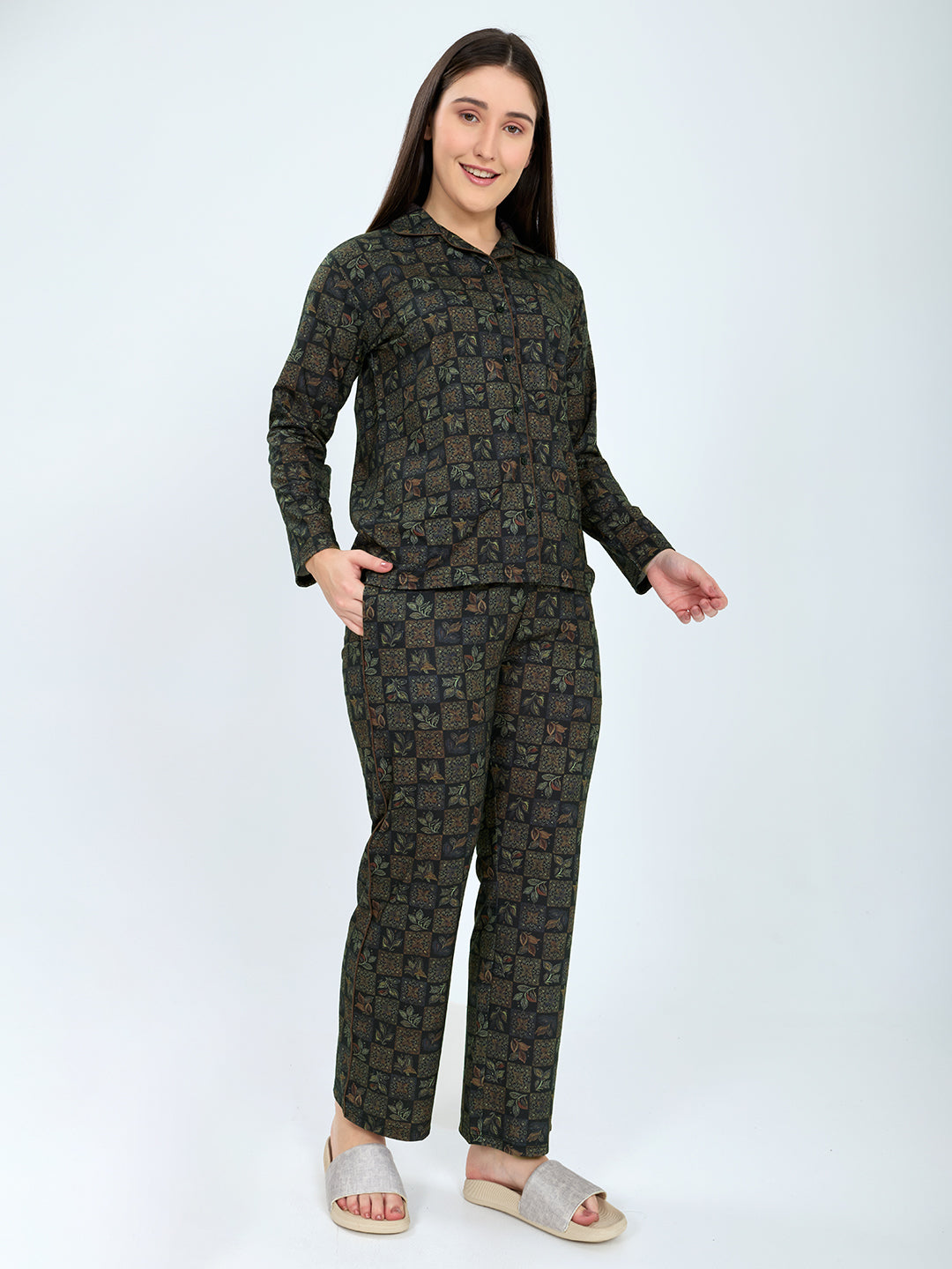 Women Green Printed Fashion Neck Full Sleeve Lower Set