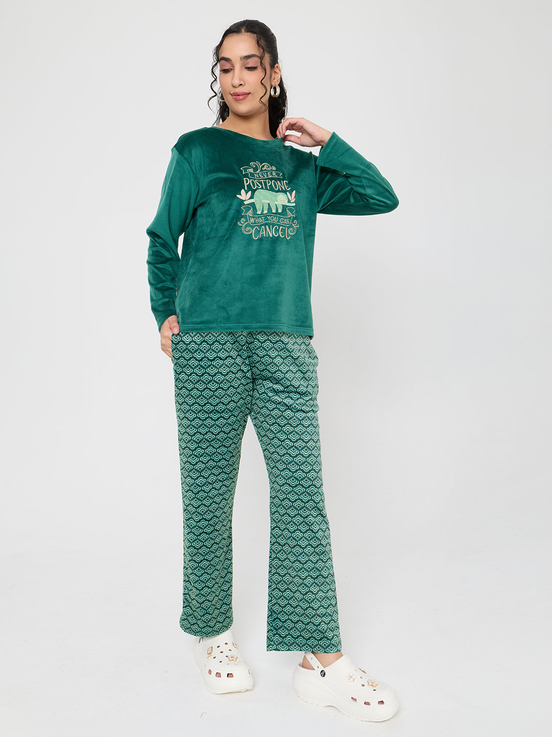 Women Green Embroidered Round Neck Full Sleeve Lower Set