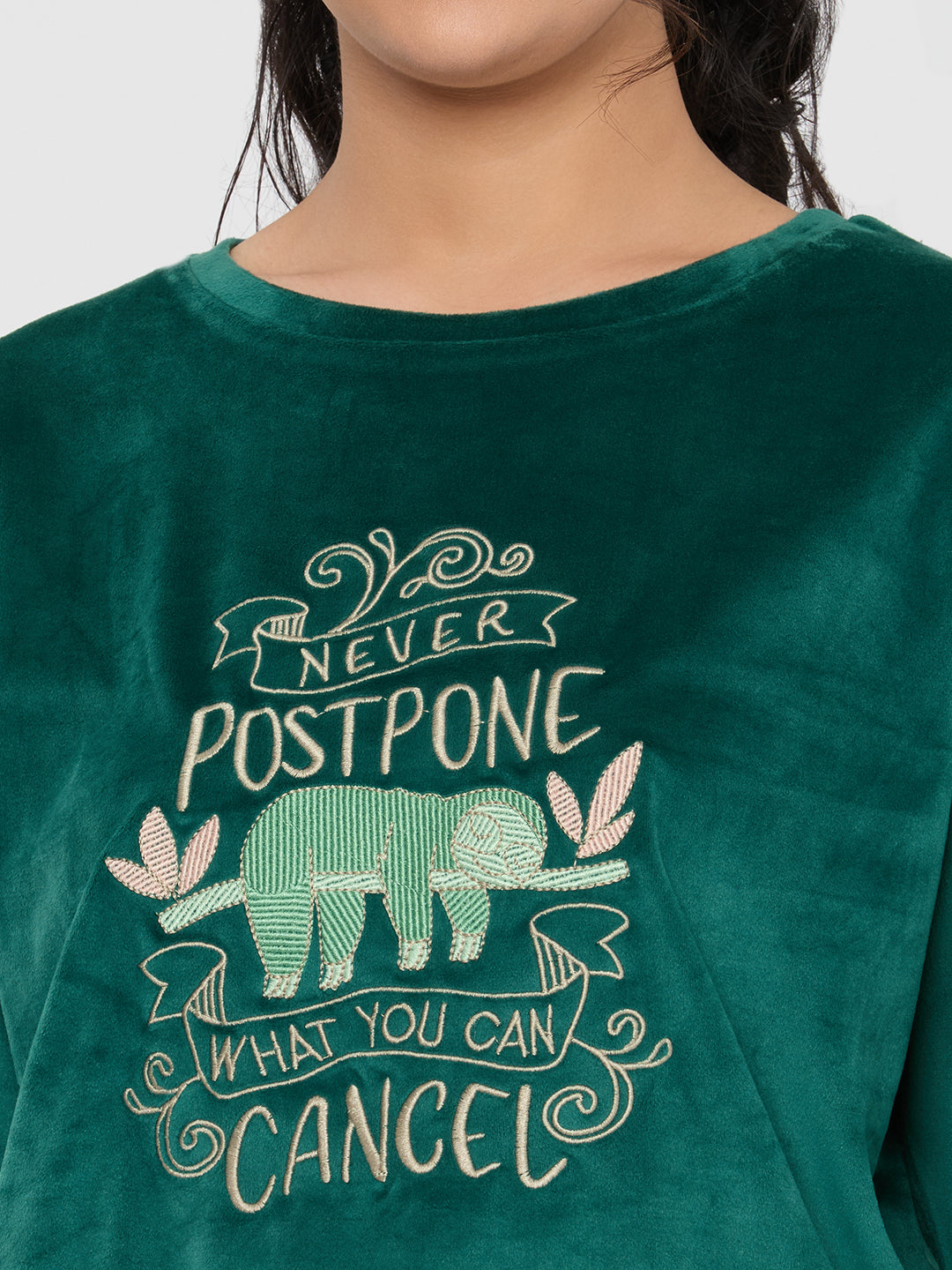 Women Green Embroidered Round Neck Full Sleeve Lower Set
