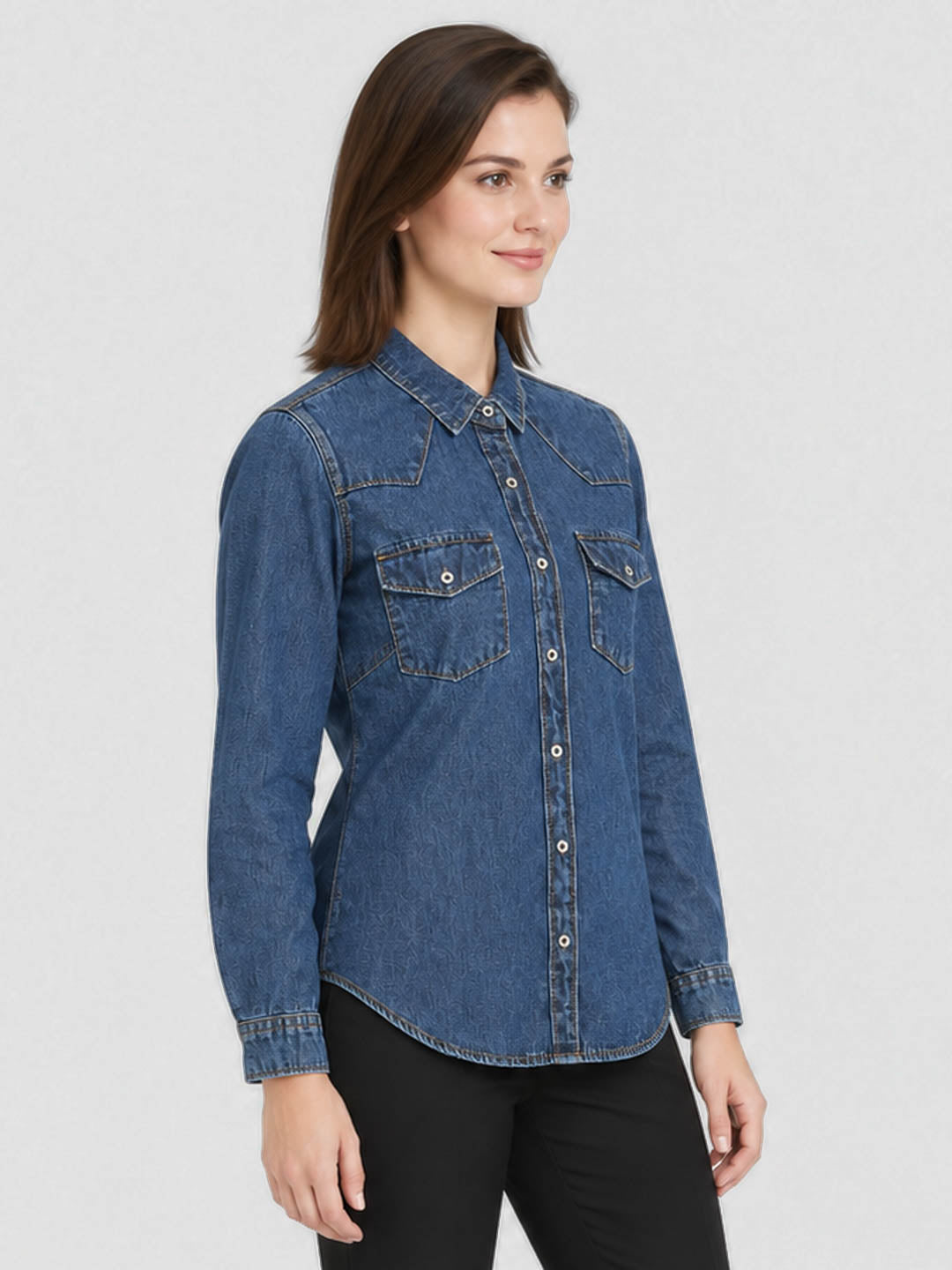 Women Blue Solid Front Open Full Sleeve Denim Shirt