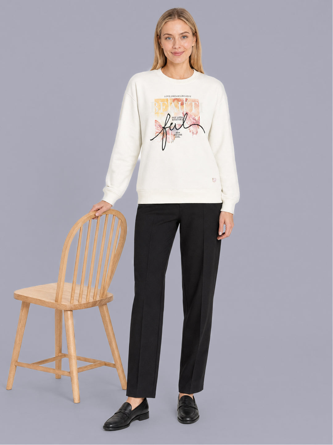 Women Off White Printed Round Neck Full Sleeve Sweatshirt