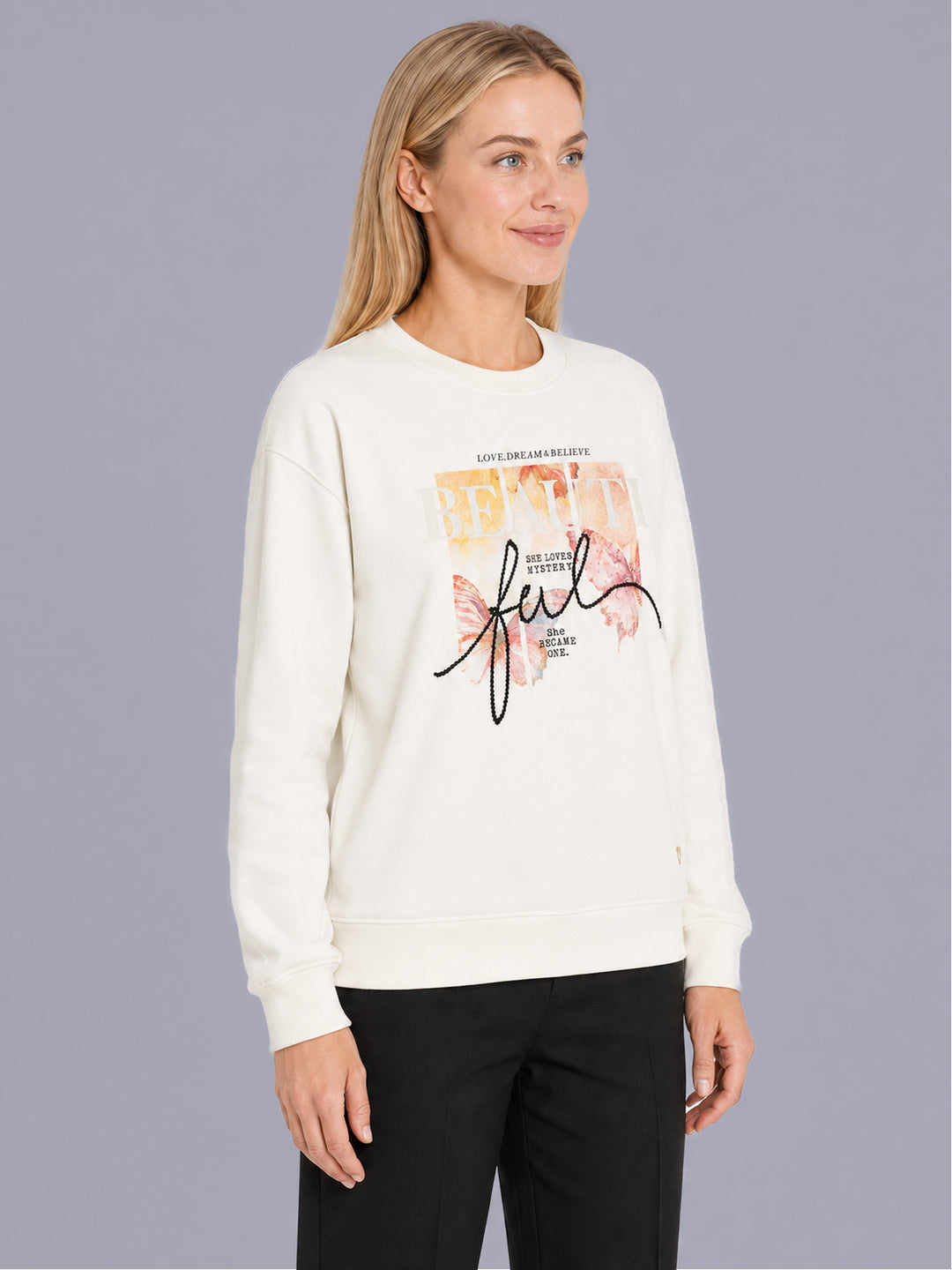Women Off White Printed Round Neck Full Sleeve Sweatshirt