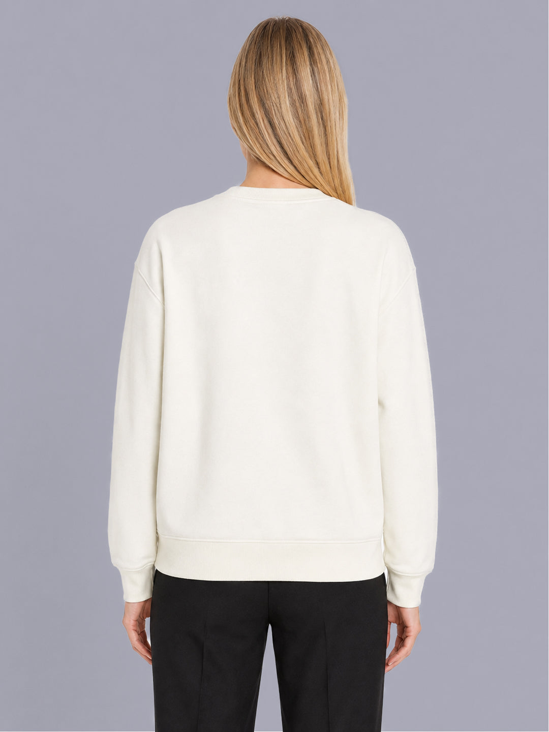 Women Off White Printed Round Neck Full Sleeve Sweatshirt
