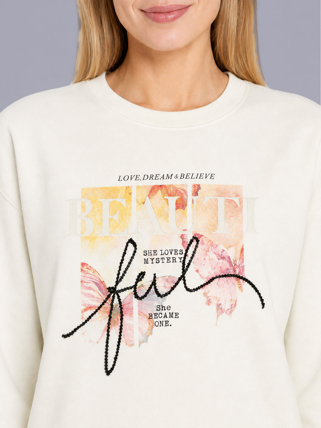 Women Off White Printed Round Neck Full Sleeve Sweatshirt
