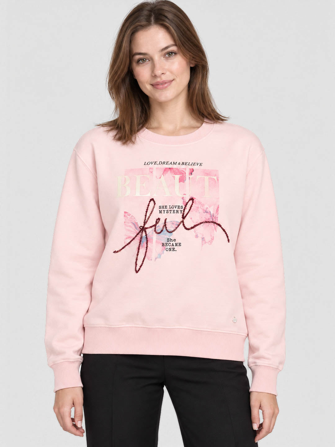 Women Pink Printed Round Neck Full Sleeve Sweatshirt