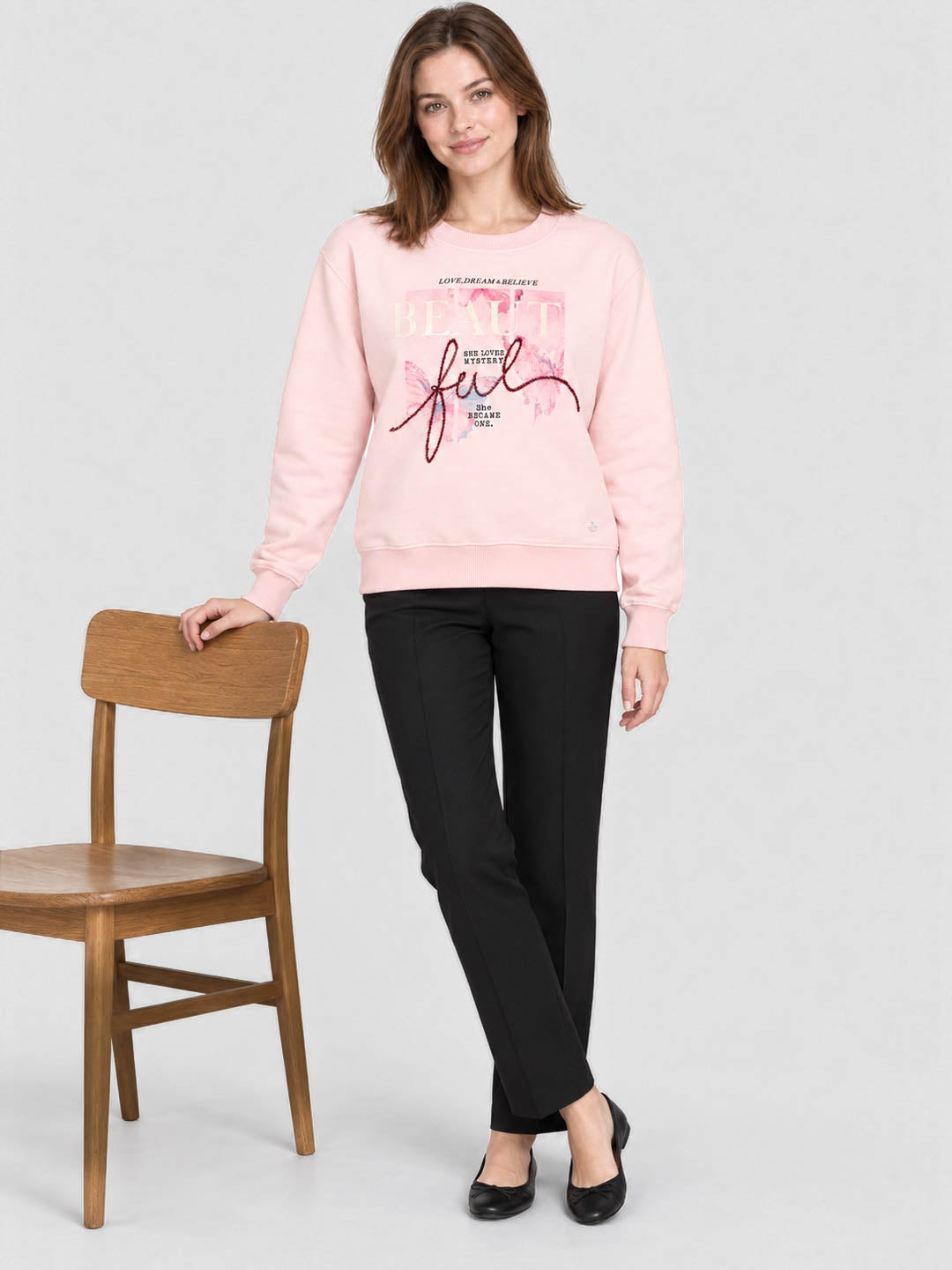 Women Pink Printed Round Neck Full Sleeve Sweatshirt