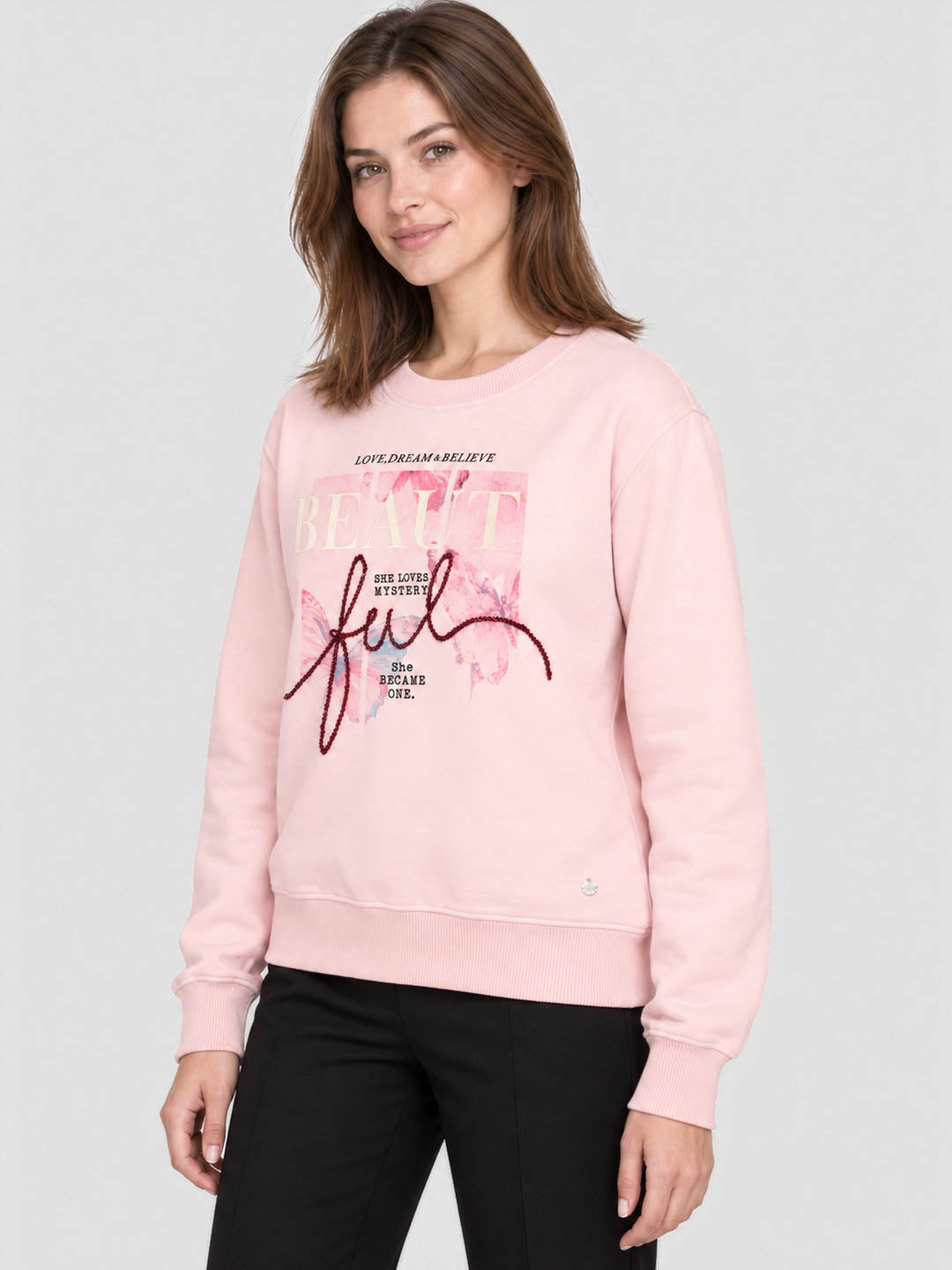 Women Pink Printed Round Neck Full Sleeve Sweatshirt