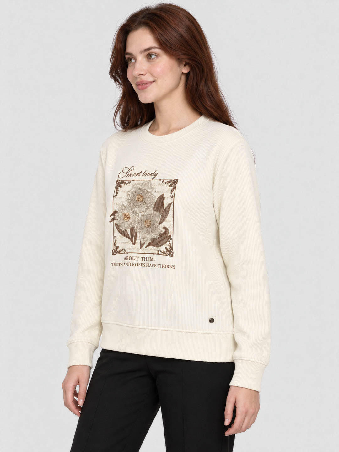Women Cream Self Design Round Neck Full Sleeve Sweatshirt