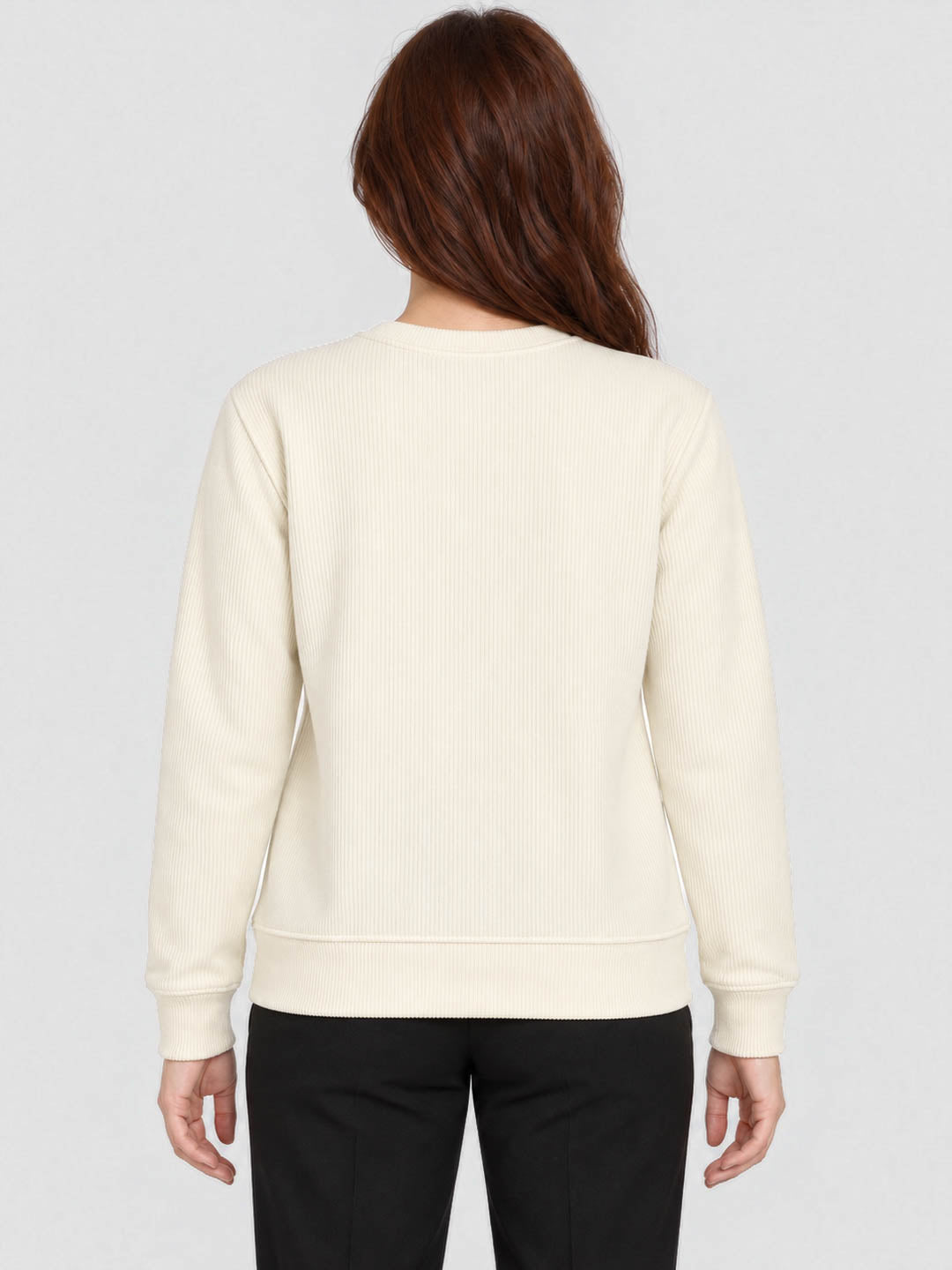 Women Cream Self Design Round Neck Full Sleeve Sweatshirt