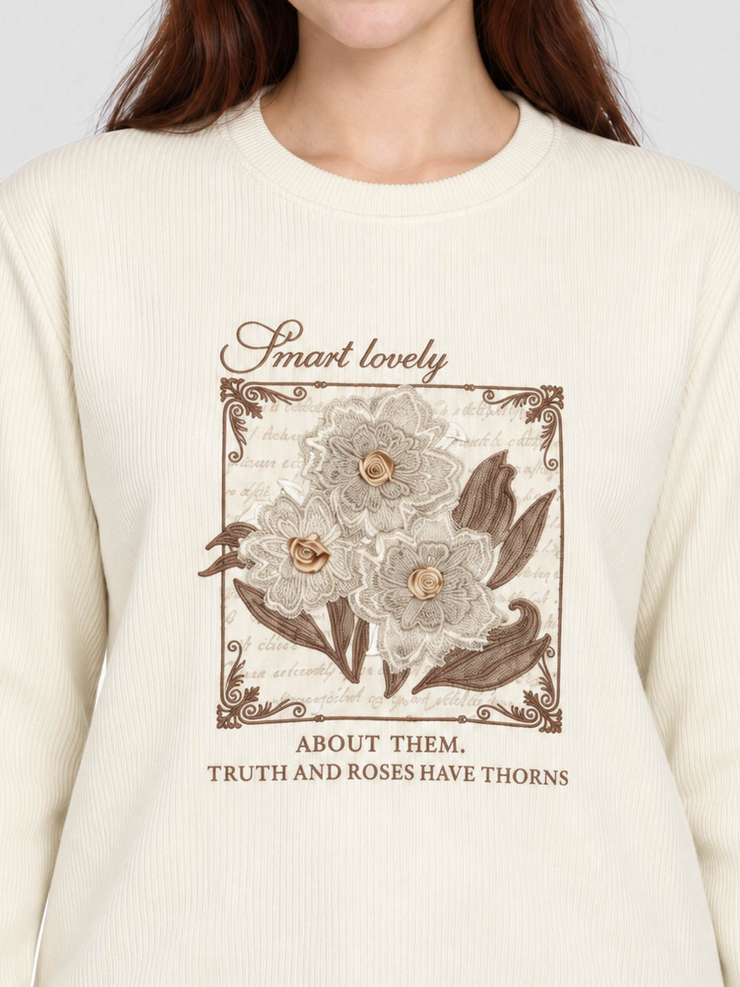 Women Cream Self Design Round Neck Full Sleeve Sweatshirt