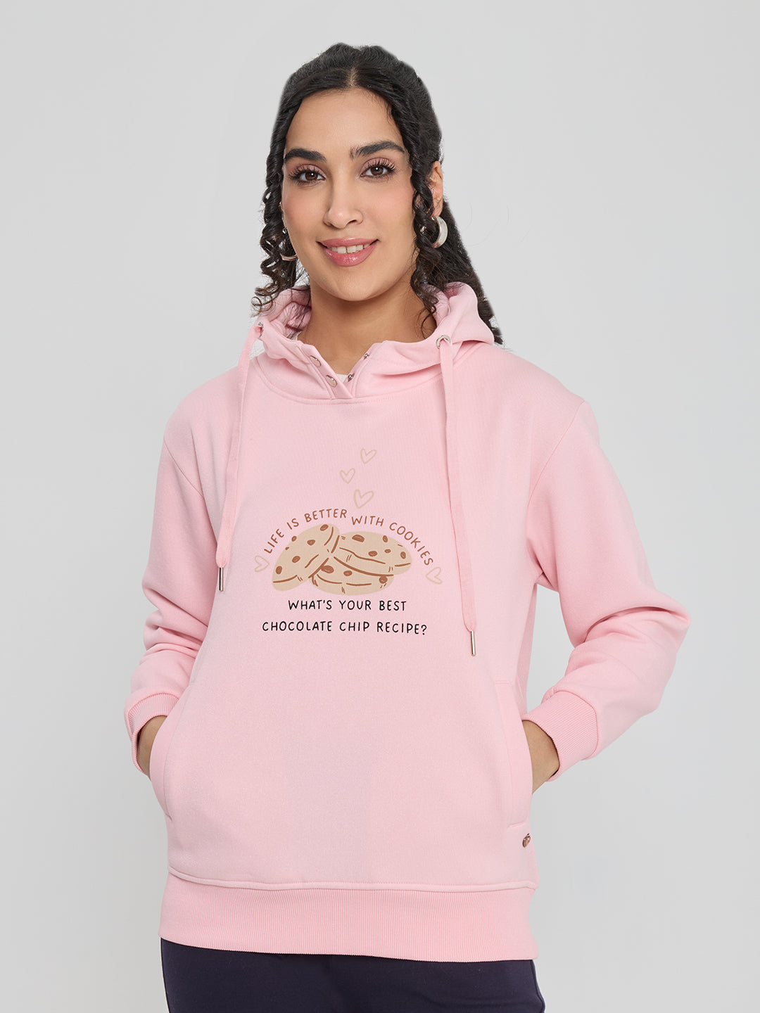 Women Pink Back Printed Hooded Full Sleeve Sweatshirt