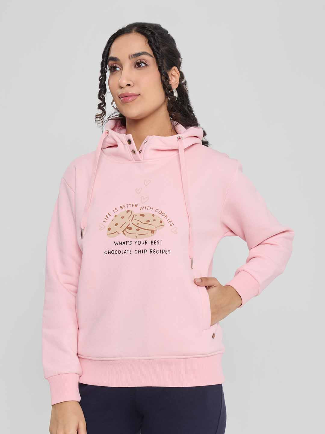 Women Pink Back Printed Hooded Full Sleeve Sweatshirt