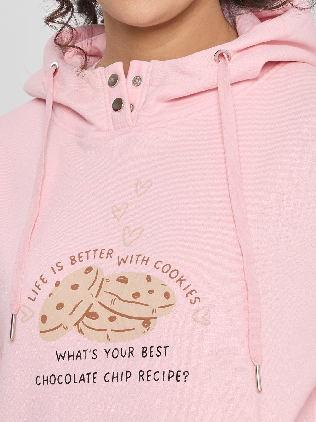 Women Pink Back Printed Hooded Full Sleeve Sweatshirt