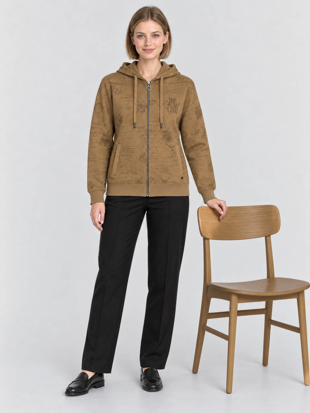 Women Brown Printed Hooded Full Sleeve Sweatshirt