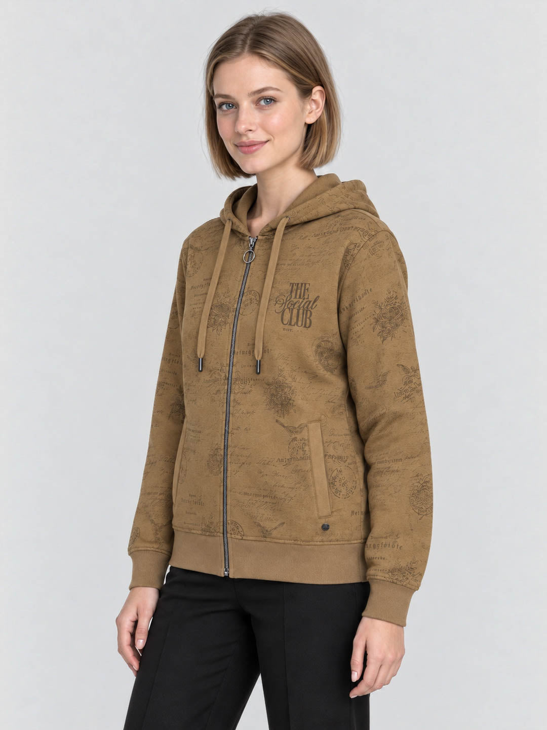 Women Brown Printed Hooded Full Sleeve Sweatshirt