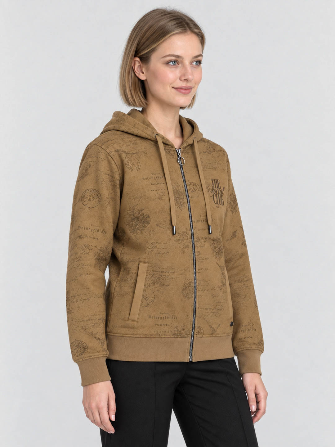 Women Brown Printed Hooded Full Sleeve Sweatshirt