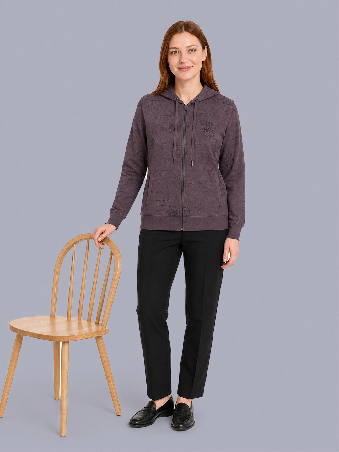 Women Mauve Printed Hooded Full Sleeve Sweatshirt