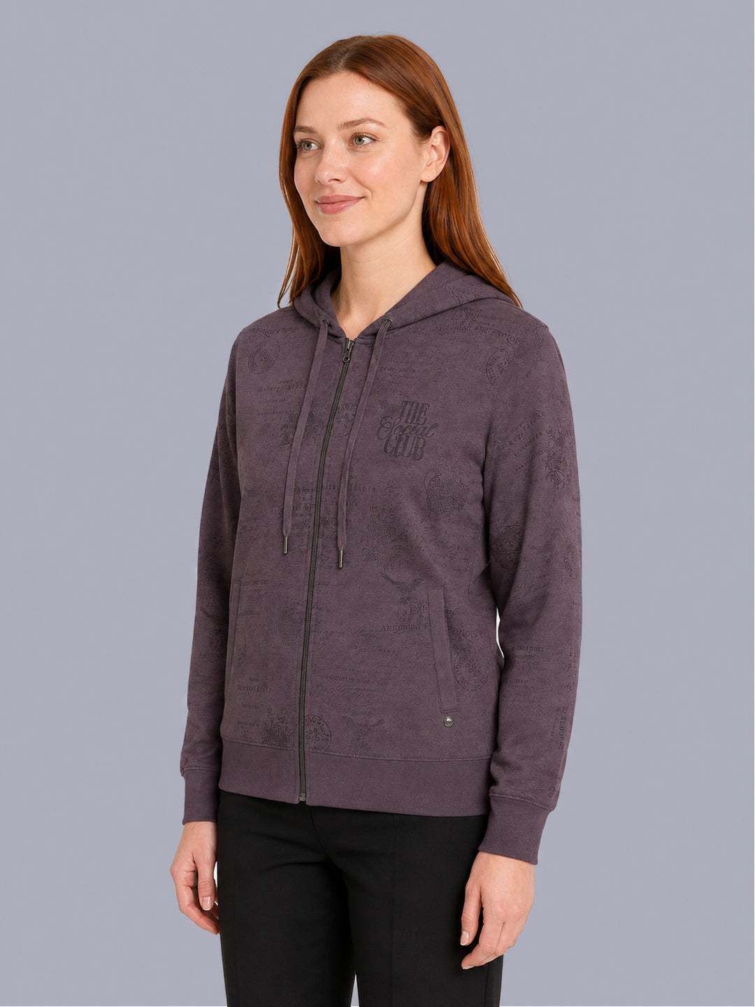Women Mauve Printed Hooded Full Sleeve Sweatshirt