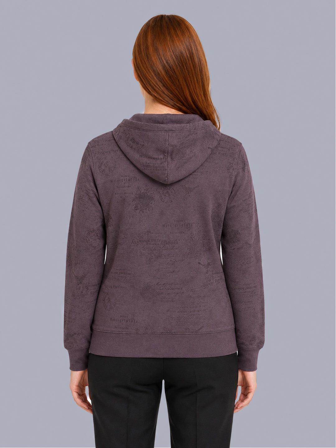 Women Mauve Printed Hooded Full Sleeve Sweatshirt