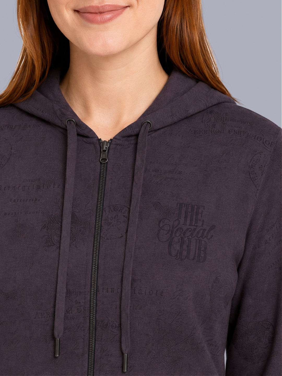 Women Mauve Printed Hooded Full Sleeve Sweatshirt