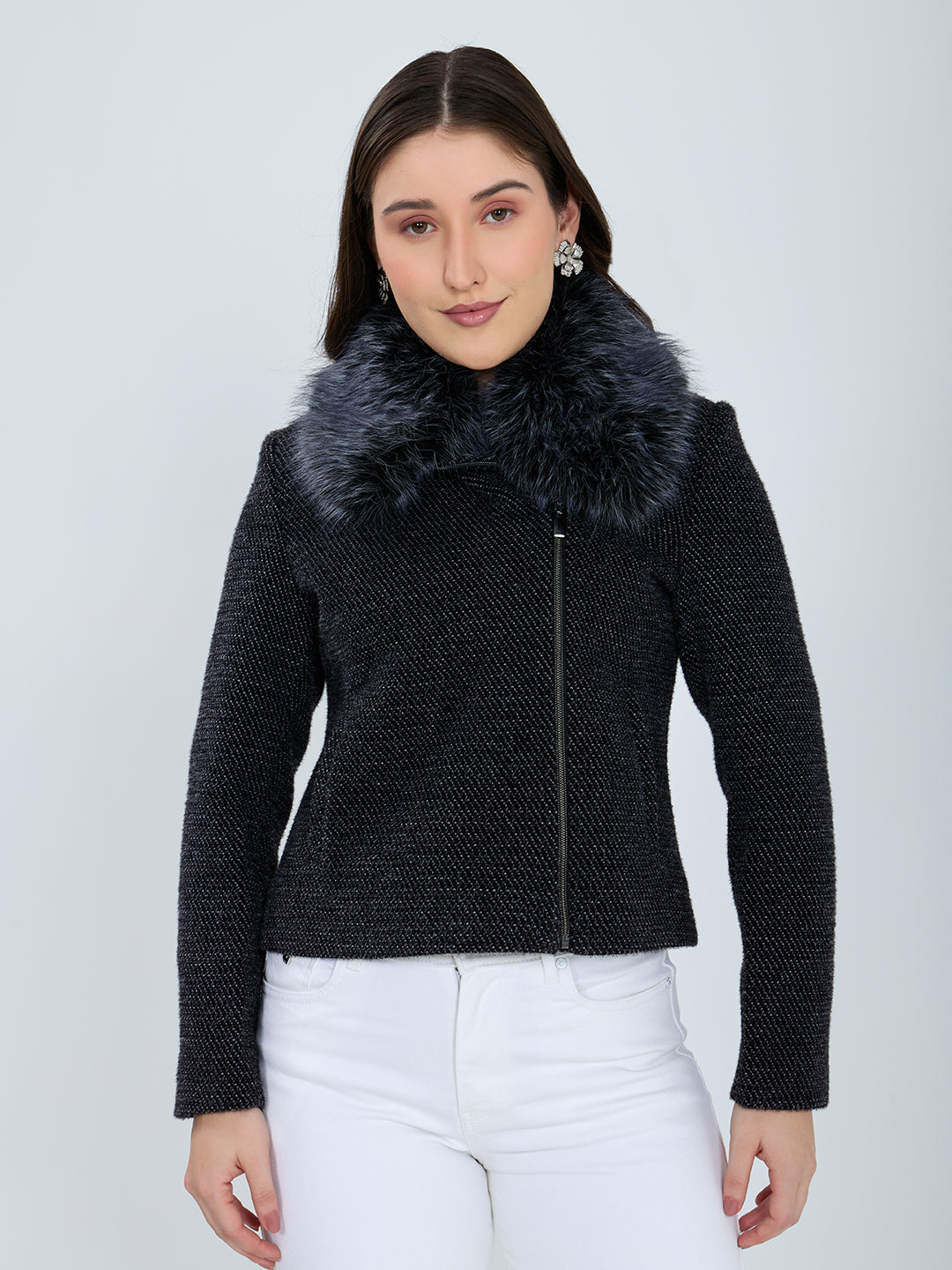 Women Black Self Design Fur Collar Full Sleeve Coat