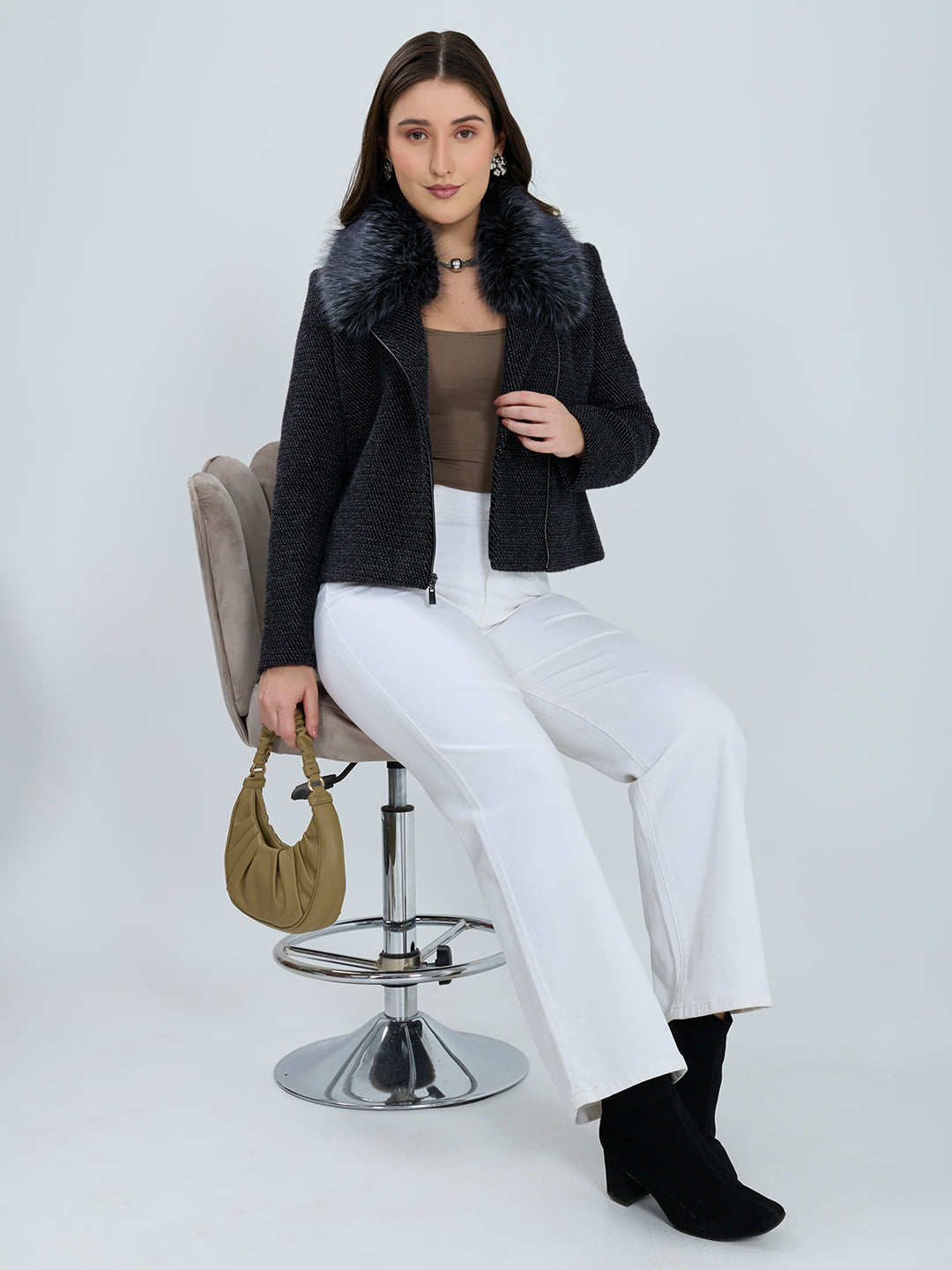 Women Black Self Design Fur Collar Full Sleeve Coat