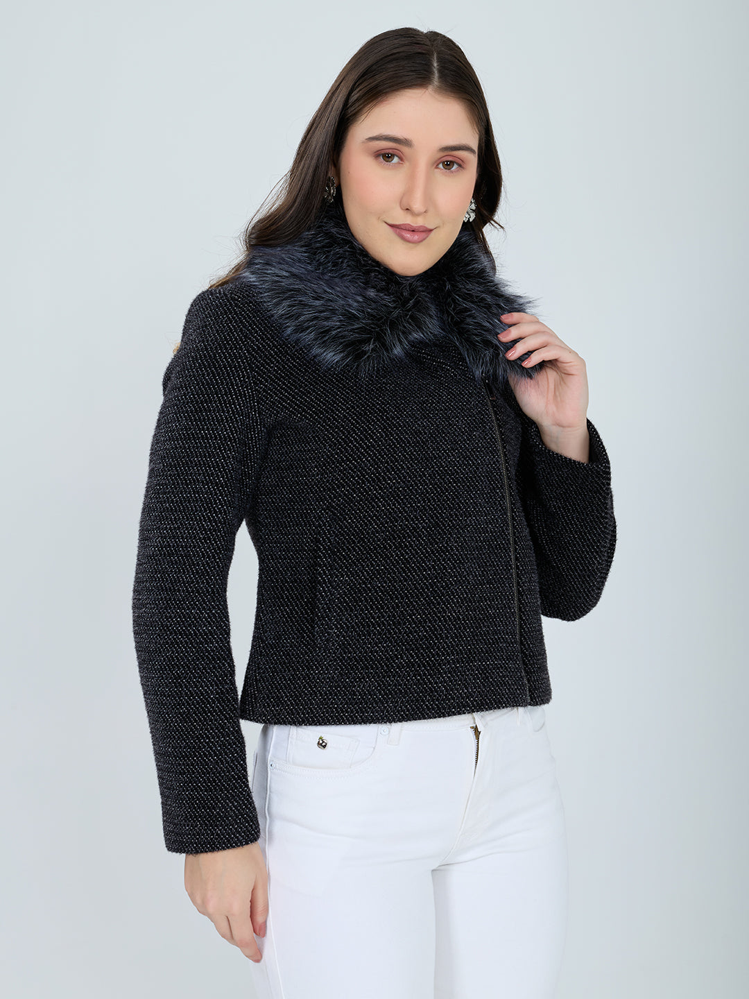 Women Black Self Design Fur Collar Full Sleeve Coat