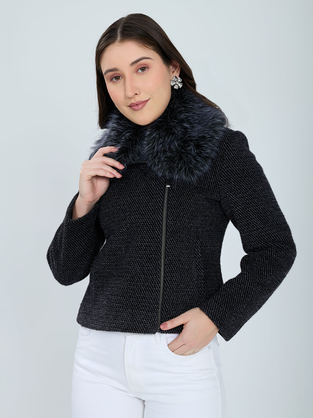 Women Black Self Design Fur Collar Full Sleeve Coat