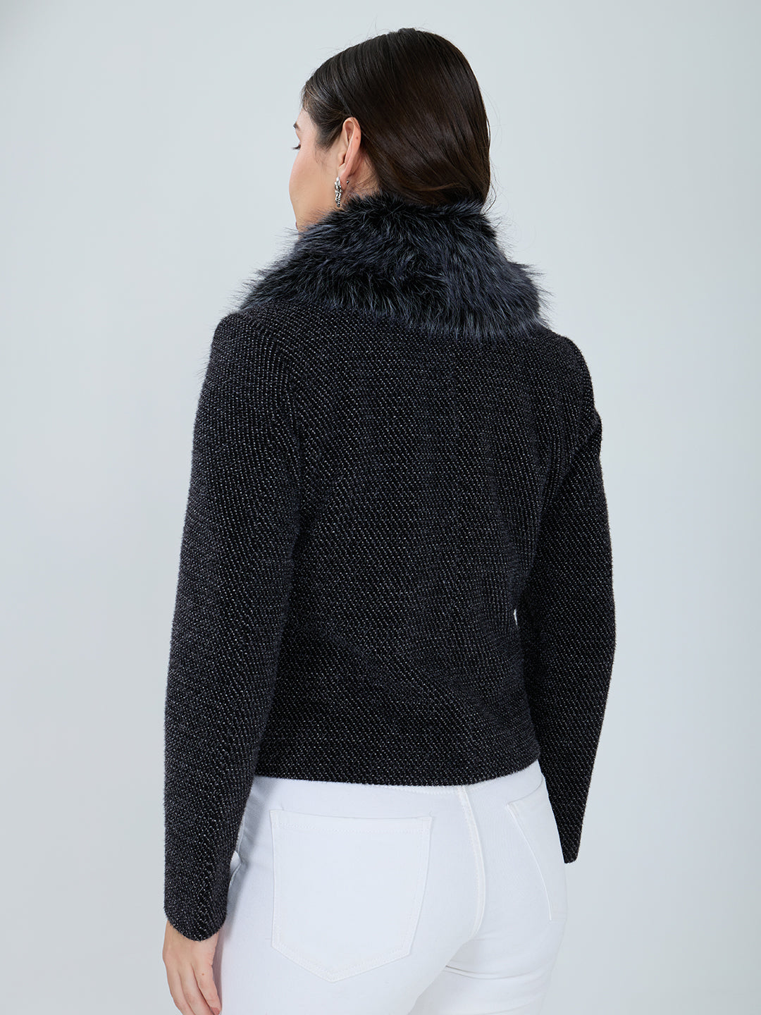 Women Black Self Design Fur Collar Full Sleeve Coat