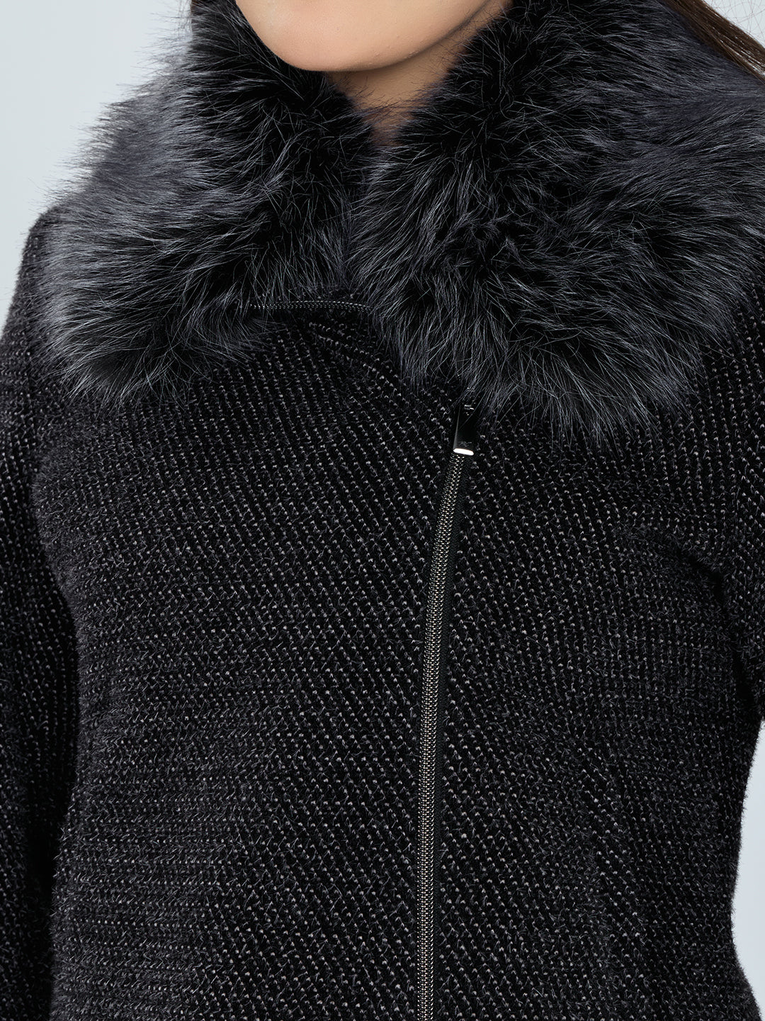 Women Black Self Design Fur Collar Full Sleeve Coat