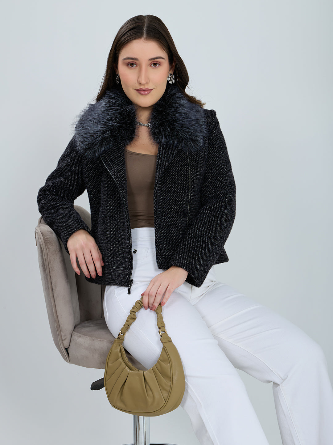 Women Black Self Design Fur Collar Full Sleeve Coat