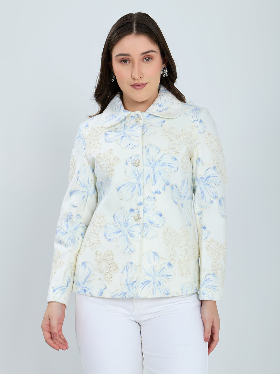 Women Off White Self Design Collar Full Sleeve Coat