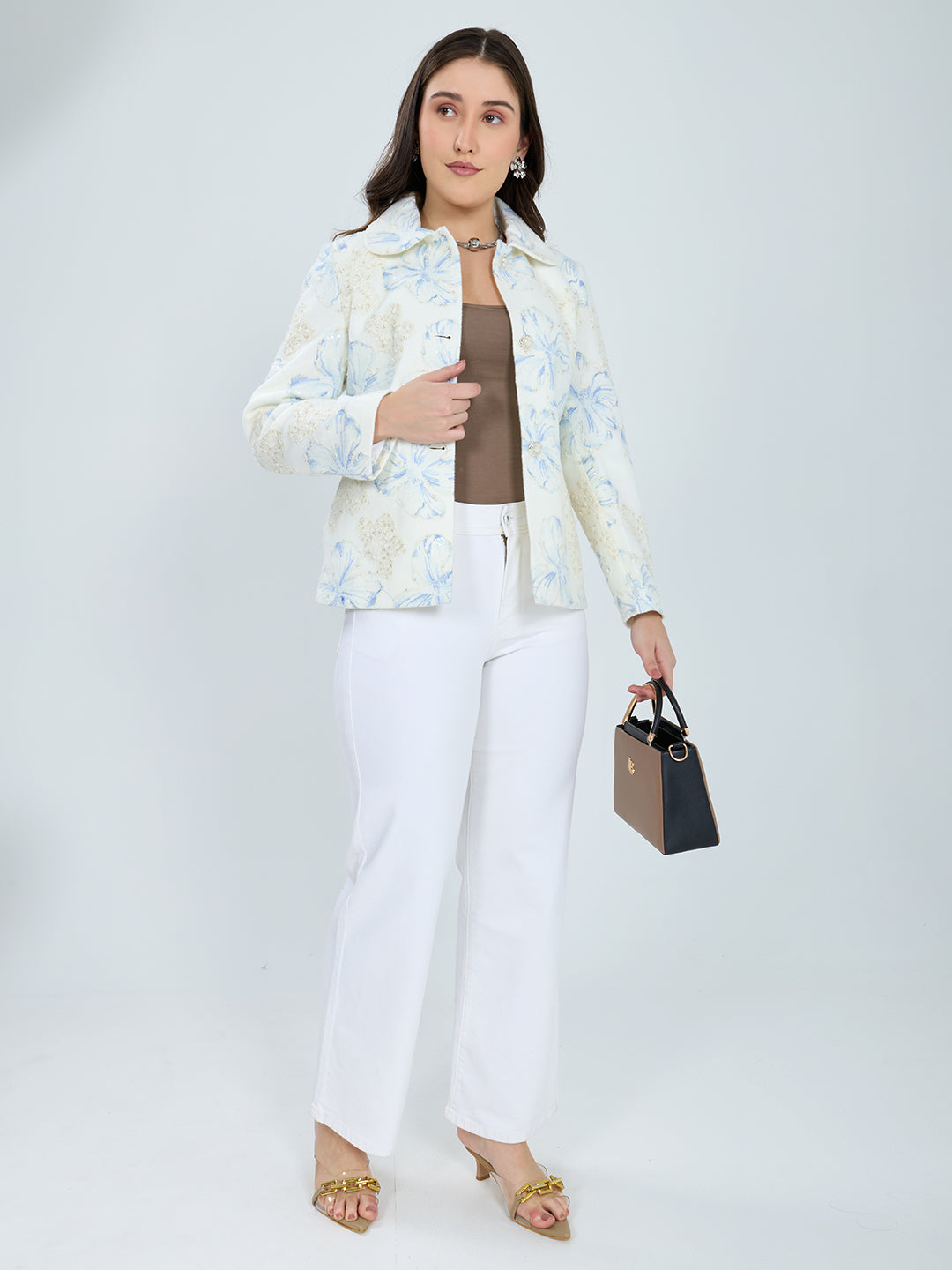 Women Off White Self Design Collar Full Sleeve Coat