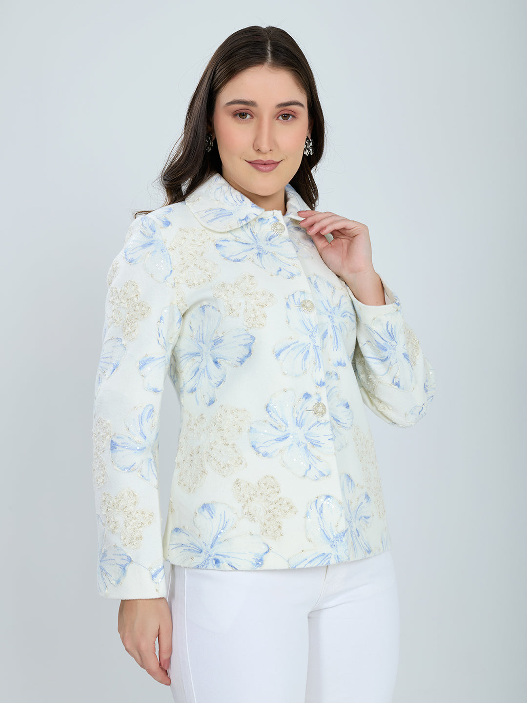 Women Off White Self Design Collar Full Sleeve Coat