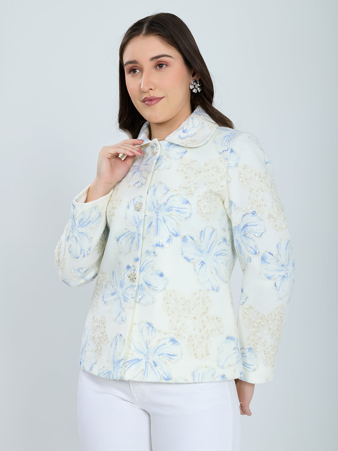 Women Off White Self Design Collar Full Sleeve Coat