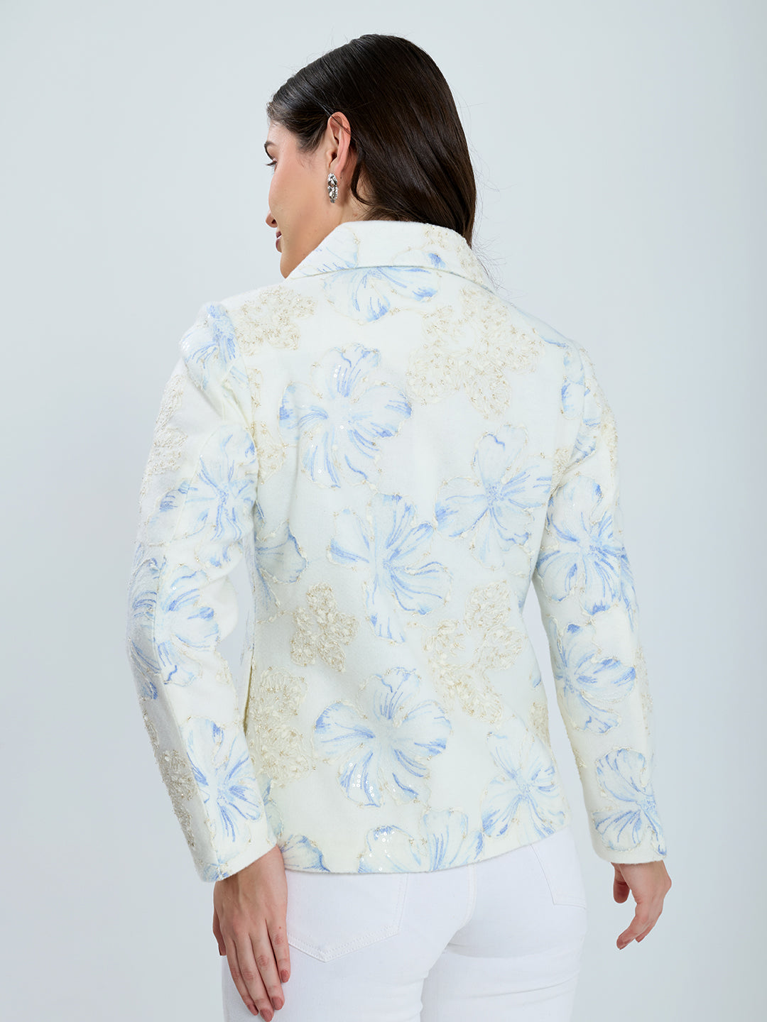 Women Off White Self Design Collar Full Sleeve Coat