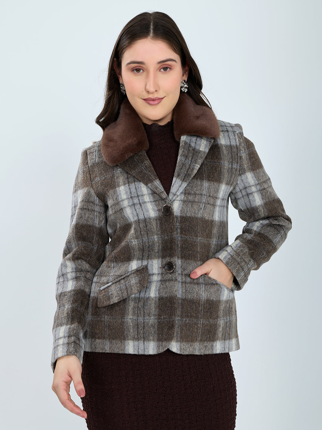 Women Brown Check Fur Collar Full Sleeve Coat