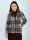 Women Brown Check Fur Collar Full Sleeve Coat
