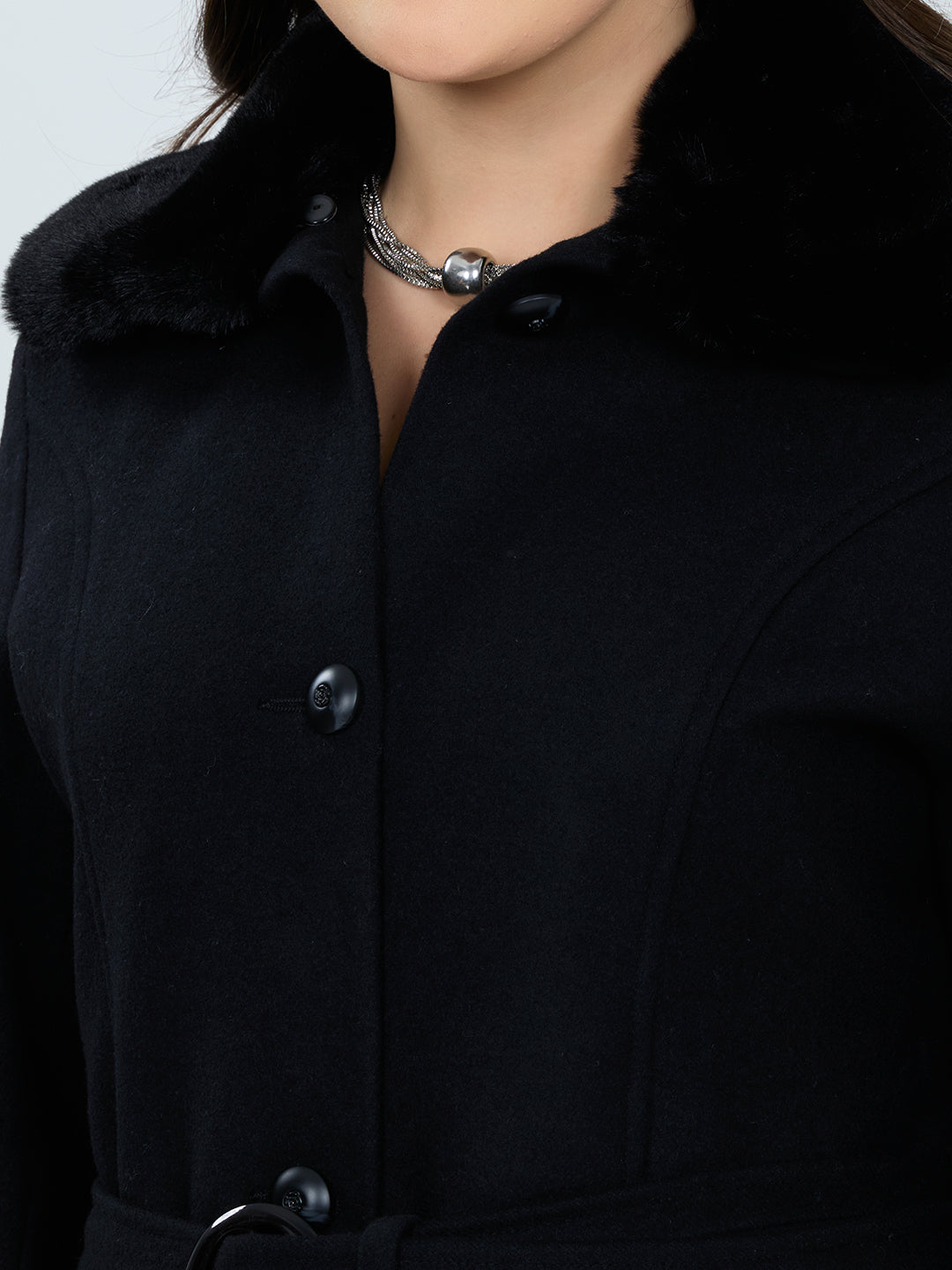 Women Black Solid Collar Full Sleeve Coat