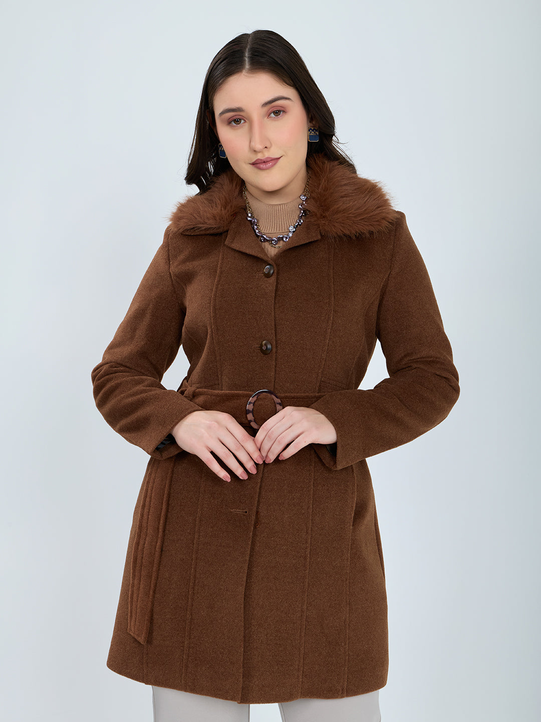 Women Rust Solid Collar Full Sleeve Long Coat
